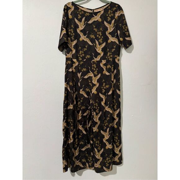 Anthropologie Traffic People black and Gold bird print casual jumpsuit XL - Picture 1 of 7